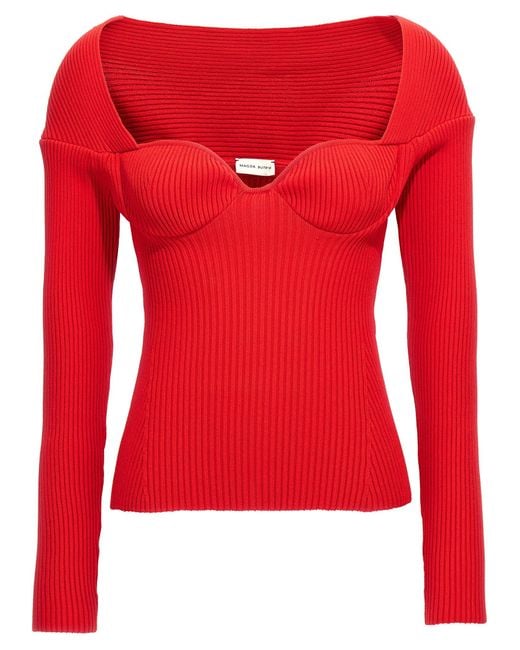 Magda Butrym Red Ribbed Viscose Blend Sweater With Sweetheart Neckline