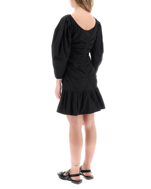 Ganni Black Mini Poplin Dress With Curved Sleeves