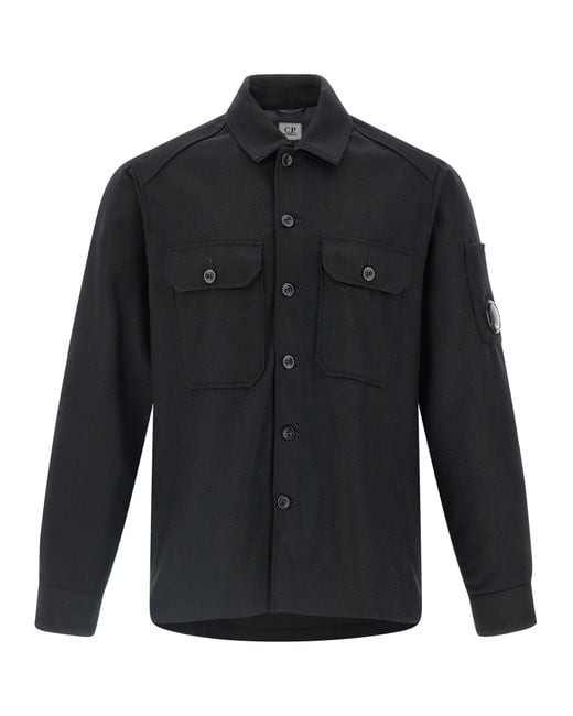 C P Company Blue Unlined Wool Overshirt With Classic Shirt Collar for men