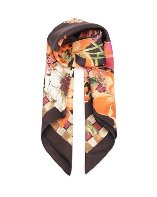 Ferragamo Orange Flowers Print Silk Scarf