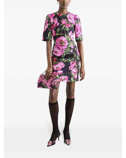 Dolce & Gabbana Pink Fit-And-Flare Peony-Print Cotton Midi Dress