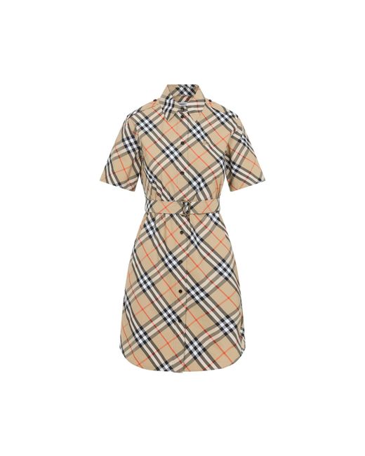 Check Cotton Midi Dress-Donna di Burberry in Natural