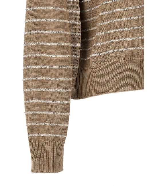 Brunello Cucinelli Sequin Striped Cardigan Sweater in Brown | Lyst