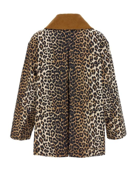Ganni Brown Canvas Midi Leopard Print Jacket