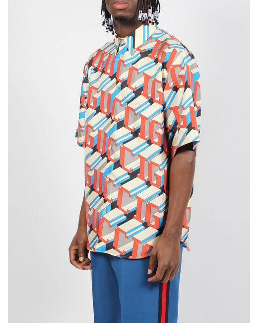 Pixel print silk shirt di Gucci in Red da Uomo