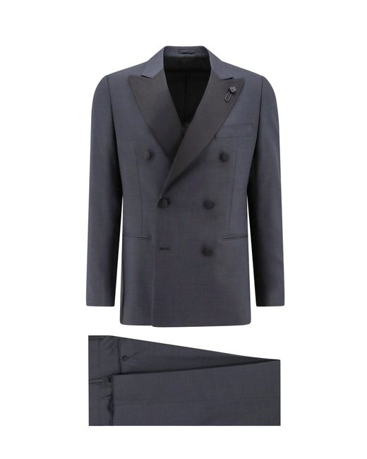 Lardini Blue Wool Tuxedo With Iconic Brooch Detail for men