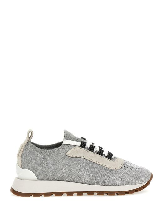 Brunello Cucinelli White Lurex Knit Sneakers Gray