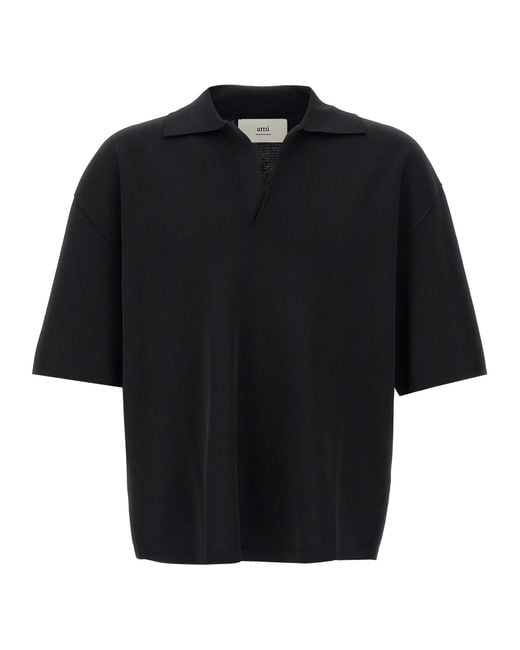 AMI Black Viscose Blend Oversize Polo Shirt for men