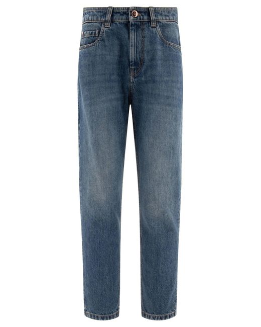 Baggy Authentic Con Shiny Tab Jeans Blu di Brunello Cucinelli in Blue