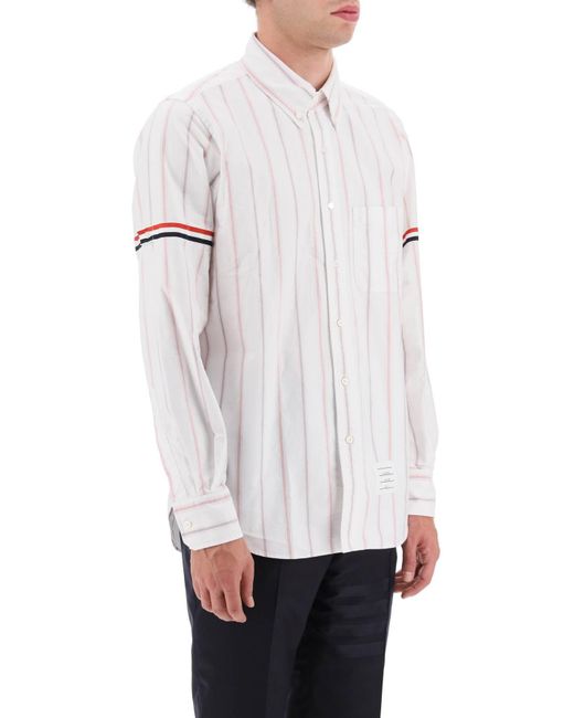 Thom Browne White Striped Oxford Button Down Shirt With Armbands for men