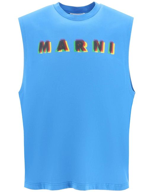 Marni Blue Sleeveless T-shirt With Logo Print for men