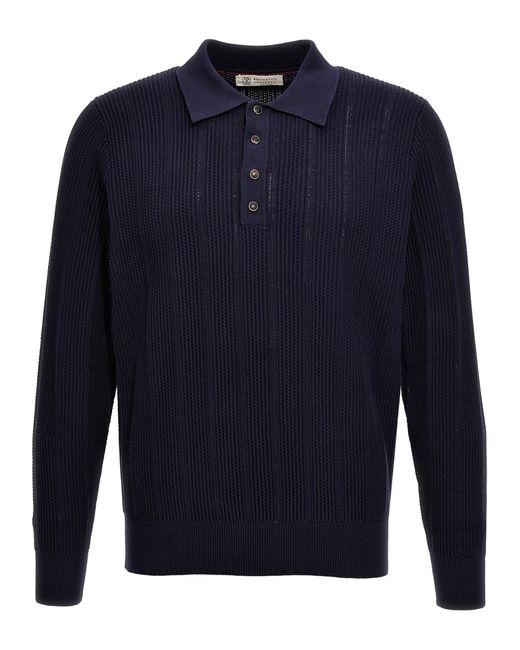 Knitted Shirt Polo Blu di Brunello Cucinelli in Blue da Uomo