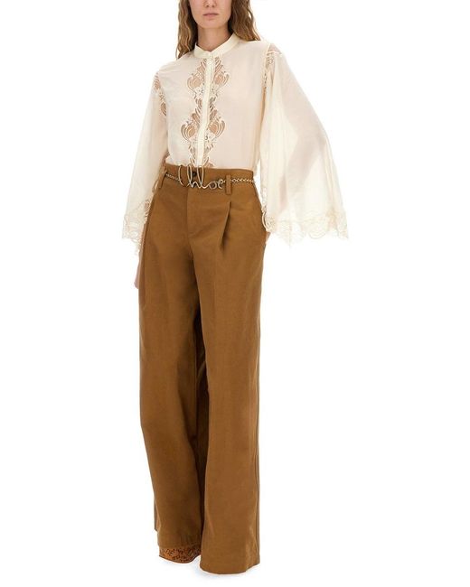 Fluid Silk Georgette And Lace Blouse-Donna di Chloé in Natural