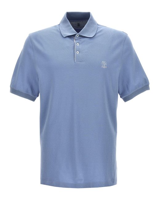 Logo Print Shirt Polo Celeste di Brunello Cucinelli in Blue da Uomo
