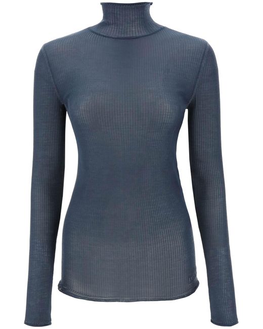 Lemaire Blue Seamless Silk Turtleneck Sweater