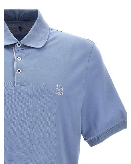 Logo Print Shirt Polo Celeste di Brunello Cucinelli in Blue da Uomo