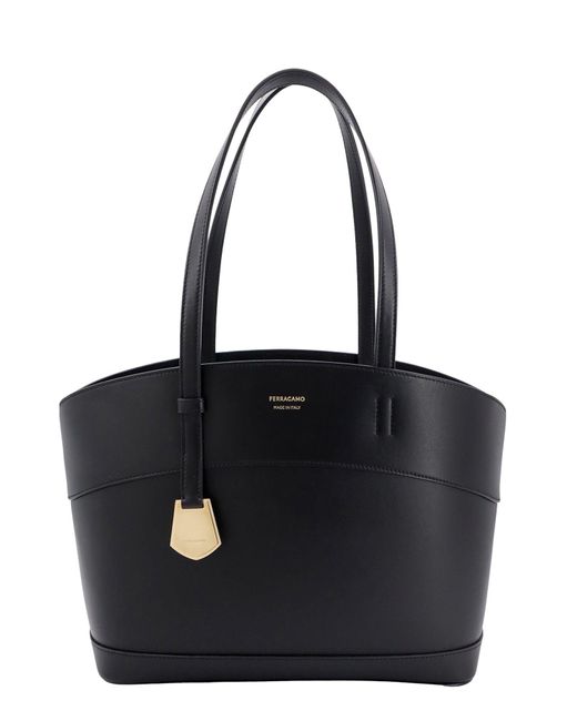 Ferragamo Black Leather Shoulder Bag With Logo Print