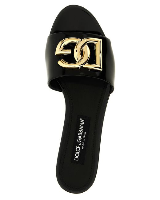 Dolce & Gabbana Black Logo Patent Slides Sandals