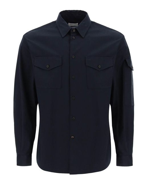 Alexander McQueen Blue Shirt With Logo Band On The Sleeve for men