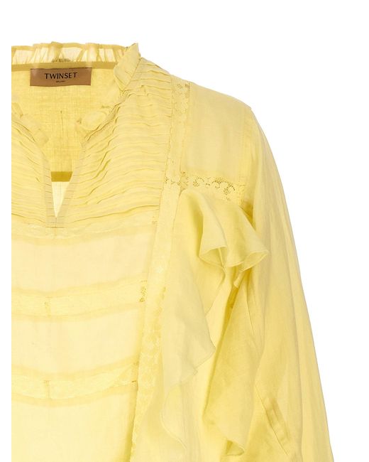 Twin Set Yellow Embroidery Ruffle Blouse Shirt, Blouse