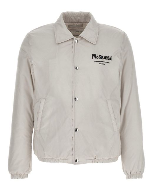 Alexander McQueen Gray Logo Print Down Jacket for men
