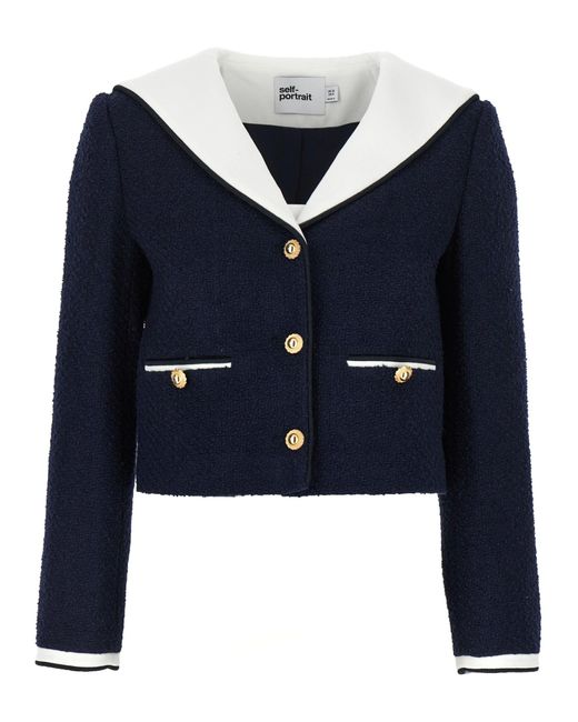 Self-Portrait Blue Boucle Contrast Collar Blazer And Suits
