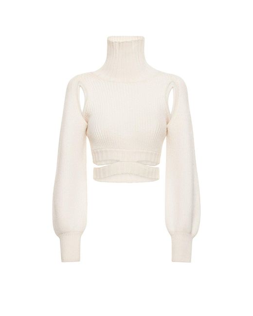 ANDREA ADAMO White Ribbed Wool Blend Crop Sweater