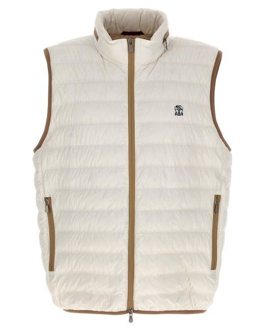 Brunello Cucinelli White Padded Vest With Logo Embroidery Gilet for men