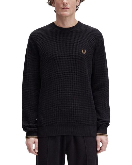 Fred Perry Black Textured Knit Sweater With Embossed Pattern for men