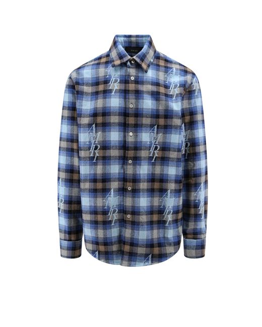 Amiri Blue Staggered Plaid Flannel, Long Sleeves, , 100% Cotton, Size: Large for men