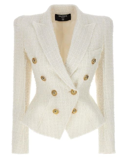 Balmain White Double-Breasted Tweed Blazer With Logo Buttons