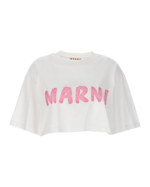 Logo Print Cropped T Shirt Bianco di Marni in Pink