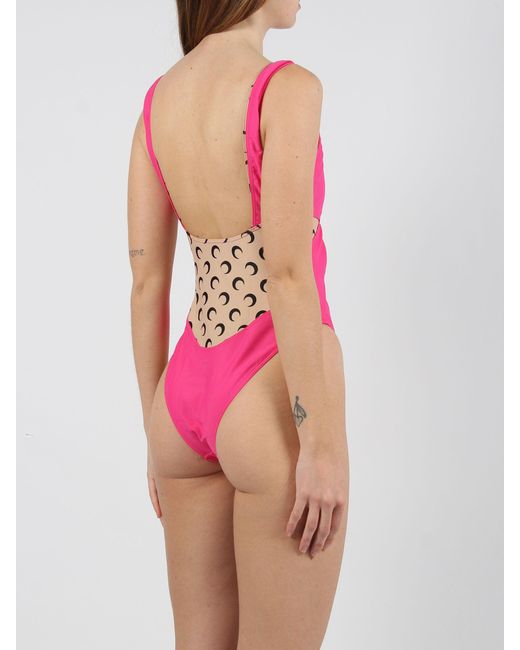 MARINE SERRE Pink Regenerated Jersey Draped One Piece Swimsuit