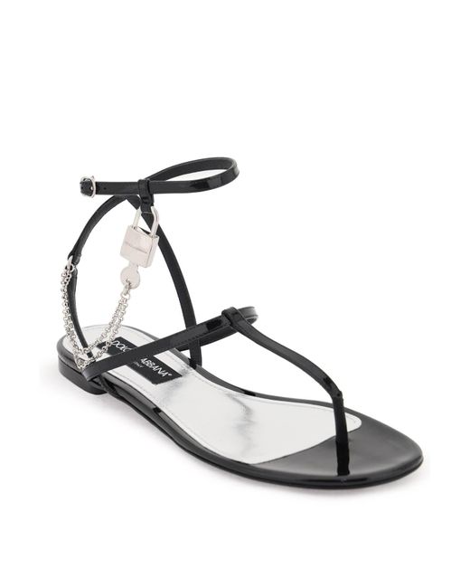 Dolce & Gabbana White Patent Leather Thong Sandals With Padlock