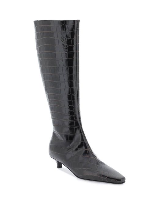 Totême  Black The Slim Knee High Boots In Crocodile Effect Leather