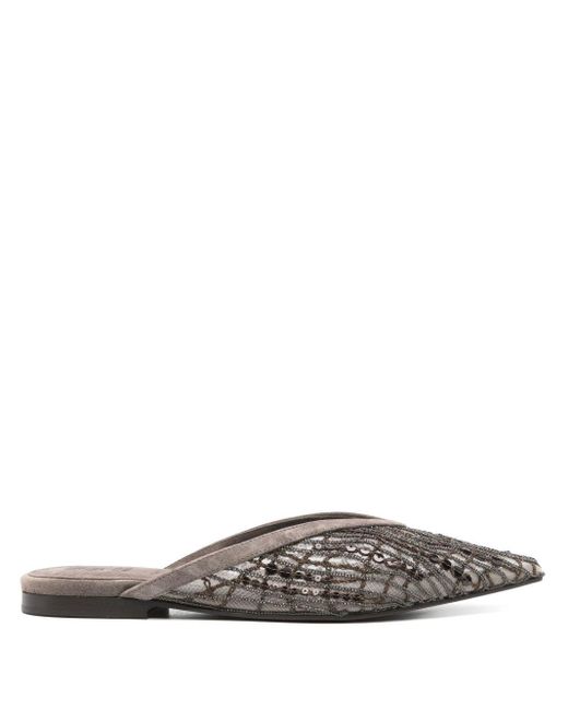 Brunello Cucinelli White Abstract Embroidered Suede Slingback Ballet Flats