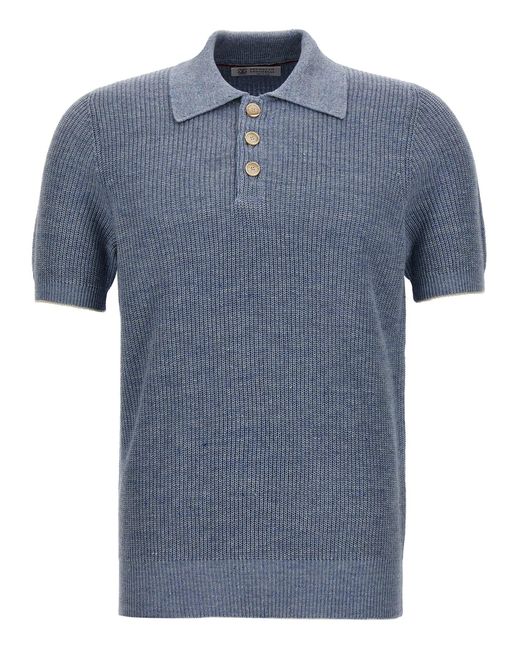Brunello Cucinelli Linen Knit Polo Shirt in Blue for Men | Lyst