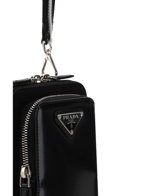 Prada Black Brushed Leather And Re-Nylon Phone Case for men