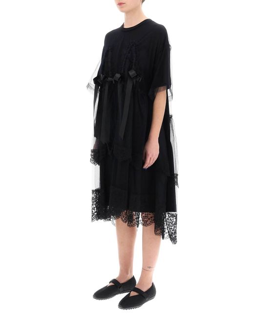 Simone Rocha Black Midi Dress In Mesh With Lace And Bows