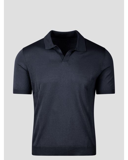 Tagliatore Blue Open Collar Knitted Polo Shirt for men