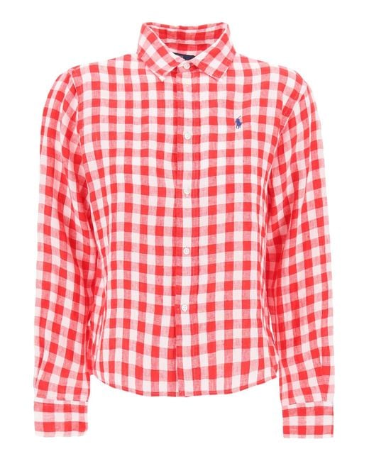 Polo Ralph Lauren Red Wide And Short Gingham Linen Shirt