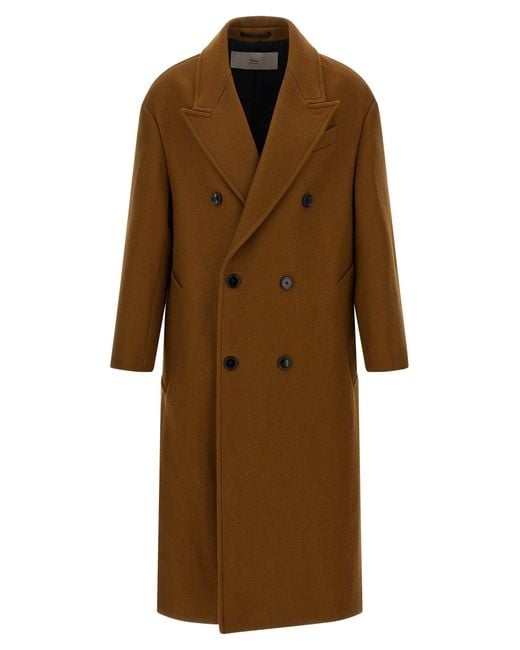 AMI Brown Double-Breasted Virgin Wool Coat With Peak Lapels for men