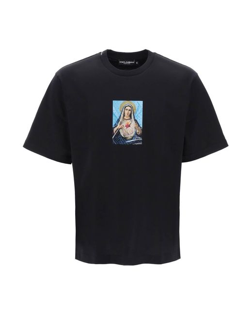 Dolce & Gabbana Black Printed T Shirt With Rhinestones for men