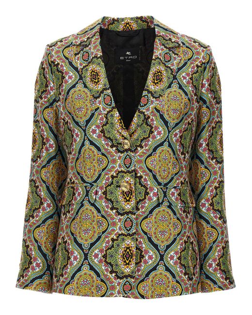 Etro Green All Over Print Blazer Blazer And Suits