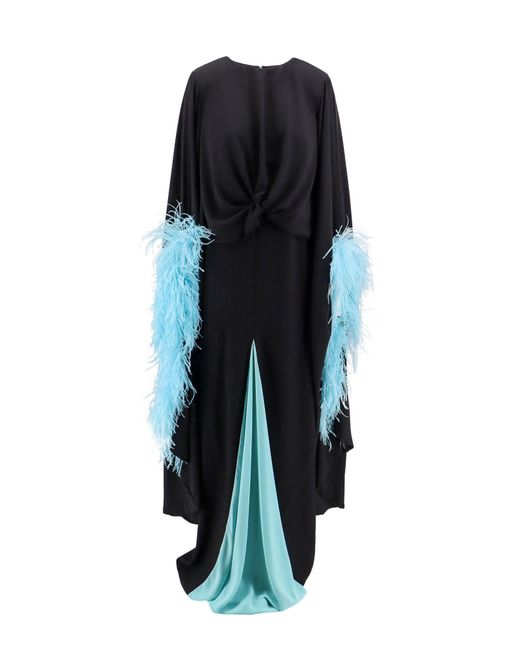 Nervi Blue Long Dress With Natural Feathers Detail