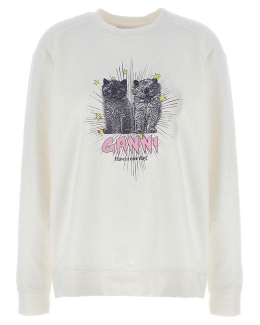 Ganni White Kittens Print Cotton Sweatshirt