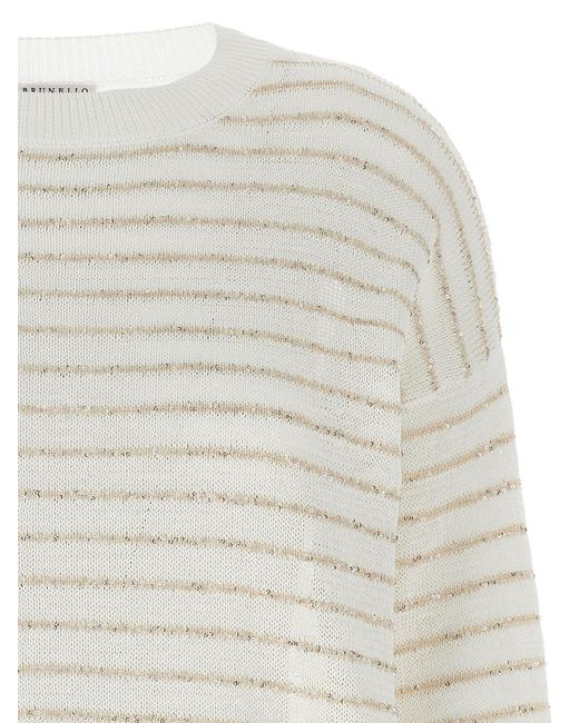 Brunello Cucinelli White Sequin Stripes Sweater