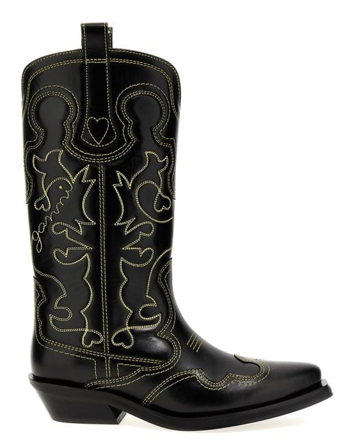 Ganni Mid Shaft Western Boots - - Leather - Black
