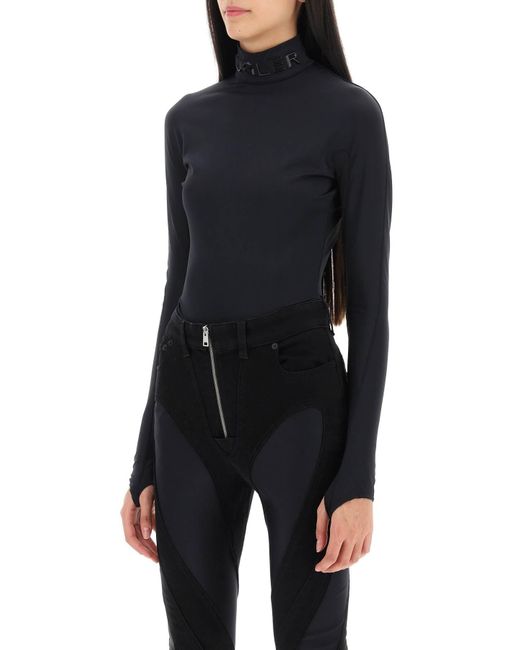 Mugler Blue Bodysuit With Stand Collar