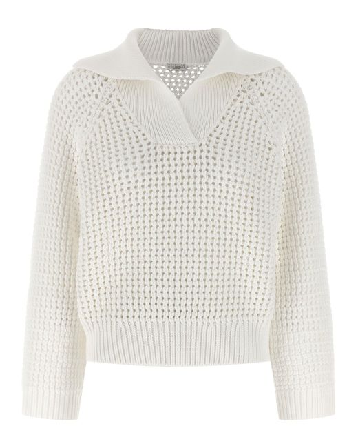 Brunello Cucinelli Women's White Openwork Sweater Sweaters And Cardigans